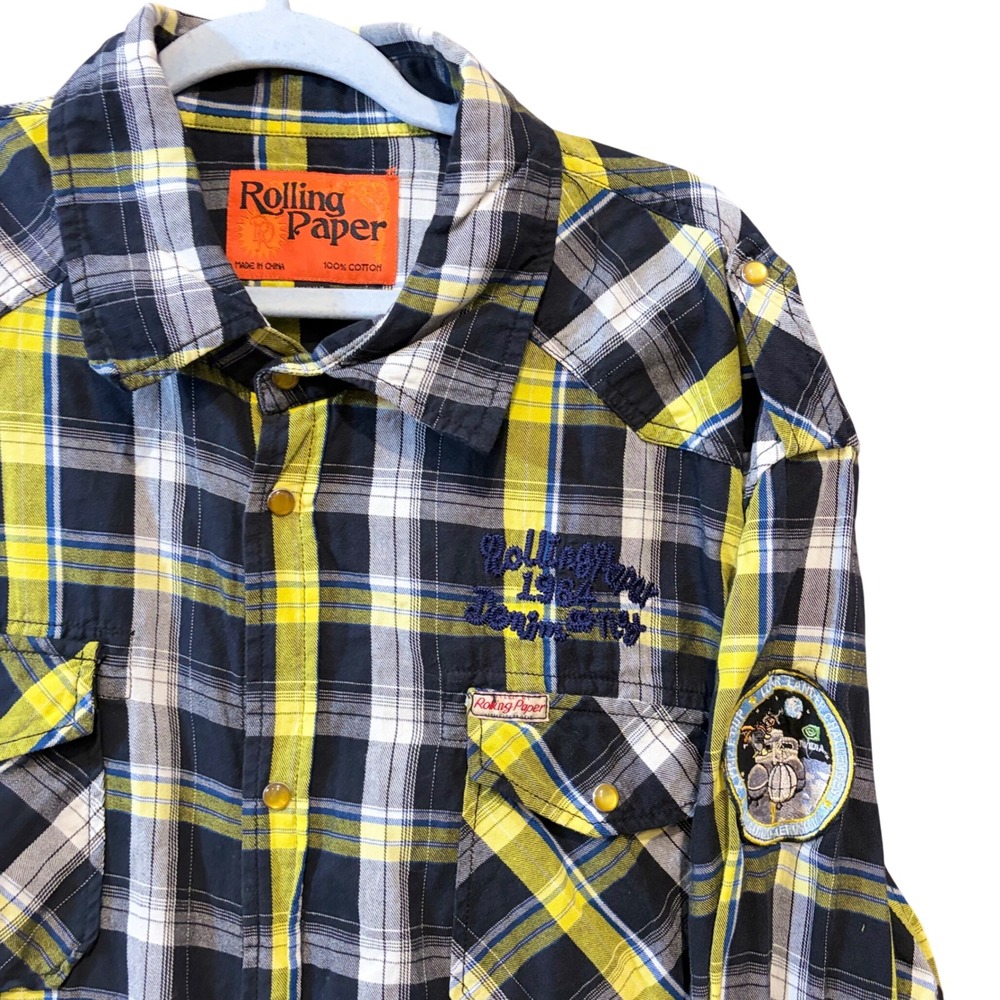 Rolling Paper Mens 4XL Plaid Western Snap Button Shirt Yellow Black Patches